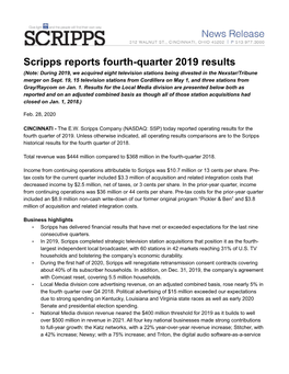 Scripps Reports Fourth-Quarter 2019 Results (Note: During 2019, We Acquired Eight Television Stations Being Divested in the Nexstar/Tribune Merger on Sept