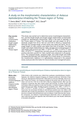 A Study on the Morphometric Characteristics of Astacus Leptodactylus Inhabiting the Thrace Region of Turkey T