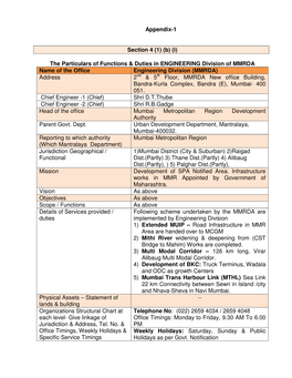(I) the Particulars of Functions & Duties in ENGINEERING Division of MMRDA Name of the Office