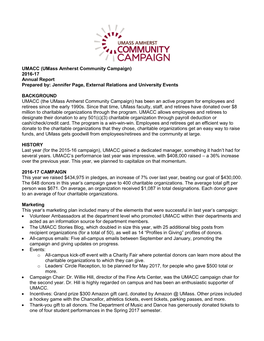 UMACC (Umass Amherst Community Campaign) 2016-17 Annual Report Prepared By: Jennifer Page, External Relations and University Events