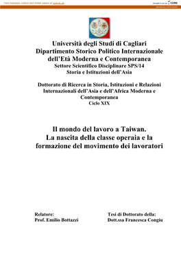 Il Mondo Del Lavoro a Taiwan. La Nascita Della Classe Operaia E La Formazione Del Movimento Dei Lavoratori