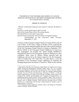 The Birth of the Foursquare Gospel in Canada: Tracing the Roots of the First Foursquare Church in Vancouver, Canada