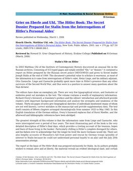 Grier on Eberle and Uhl, 'The Hitler Book: the Secret Dossier Prepared for Stalin from the Interrogations of Hitler's Personal Aides'