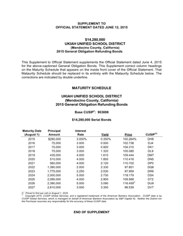 UKIAH UNIFIED SCHOOL DISTRICT (Mendocino County, California) 2015 General Obligation Refunding Bonds