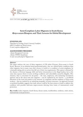 Semi-Compliant Labor Migrants in South Korea: Koryo-Saram Diaspora and Their Lessons for Global Development