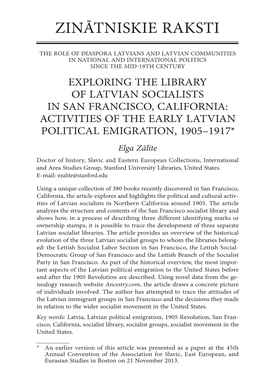 Exploring the Library of Latvian Socialists in San Francisco, California: Activities of the Early Latvian Political