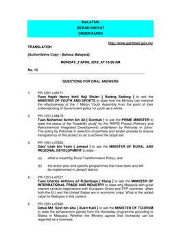 Malaysia Dewan Rakyat Order Paper