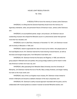 HOUSE JOINT RESOLUTION 876 by Coley a RESOLUTION to Honor The