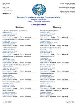 Putnam County Department of Consumer Affairs Weights & Measures Trades Licensing & Registration Listing by Trade Blacktop Blacktop