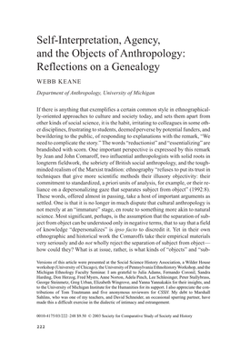 Self-Interpretation, Agency, and the Objects of Anthropology: Reflections on a Genealogy