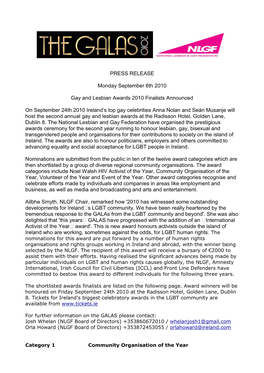 PRESS RELEASE Monday September 6Th 2010 Gay And