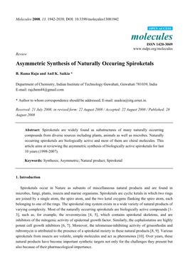 Asymmetric Synthesis of Naturally Occuring Spiroketals