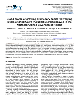 Blood Profile of Growing Dromedary Camel Fed Varying Levels of Dried Gawo (Faidherbia Albida ) Leaves in the Northern Guinea