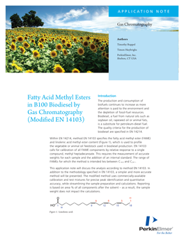 Fatty Acid Methyl Esters in B100 Biodiesel by Gas