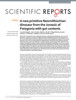 A New Primitive Neornithischian Dinosaur from the Jurassic of Patagonia with Gut Contents Received: 02 March 2016 Leonardo Salgado1, José I