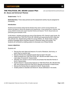 THE POLITICAL DR. SEUSS Lesson Plan Pbs.Org/Independentlens/Politicaldrseuss Dr