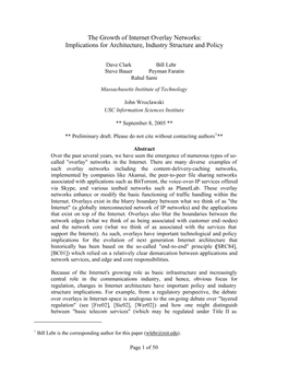 The Growth of Internet Overlay Networks: Implications for Architecture, Industry Structure and Policy