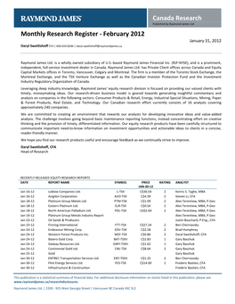 February 2012 January 31, 2012 Daryl Swetlishoff CFA | 604.659.8246 | Daryl.Swetlishoff@Raymondjames.Ca