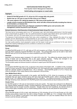 Intercontinental Hotels Group PLC First Quarter Interim Management Statement Solid Trading and Progress on Asset Sales