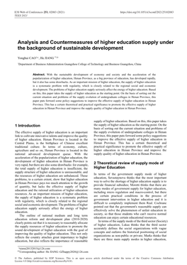 Analysis and Countermeasures of Higher Education Supply Under the Background of Sustainable Development