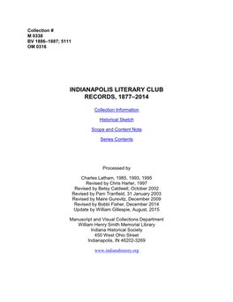 Indianapolis Literary Club Records, 1877–2014