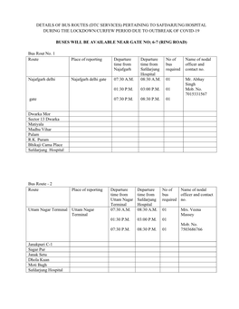 Details of Bus Routes (Dtc Services) Pertaining to Safdarjung Hospital During the Lockdown/Curfew Period Due to Outbreak of Covid-19