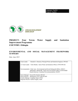 PROJECT: Four Towns Water Supply and Sanitation Improvement Programme COUNTRY: Ethiopia