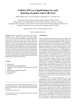 Cell‑Free DNA As a Liquid Biopsy for Early Detection of Gastric Cancer (Review)