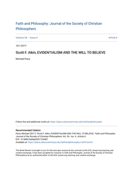 Scott F. Aikin, EVIDENTIALISM and the WILL to BELIEVE