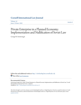 Private Enterprise in a Planned Economy: Implementation and Nullification of Soviet Law George M