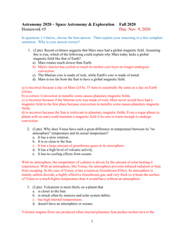 Astronomy 2020 – Space Astronomy & Exploration Fall 2020 Homework #5 Due: Nov