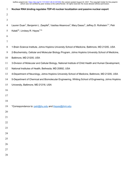 Nuclear RNA Binding Regulates TDP-43 Nuclear Localization and Passive Nuclear Export