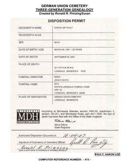 GERMAN UNION CEMETERY THREE-GENERATION GENEALOGY Created by Ronald R