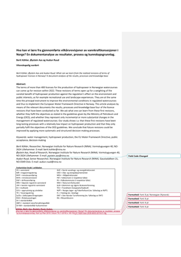 Hva Kan Vi Lære Fra Gjennomførte Vilkårsrevisjoner Av Vannkraftkonsesjoner I Norge? En Dokumentanalyse Av Resultater, Prosess Og Kunnskapsgrunnlag