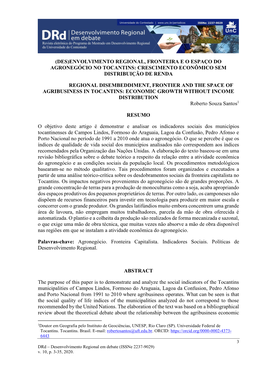 (Des)Envolvimento Regional, Fronteira E O Espaço Do Agronegócio No Tocantins: Crescimento Econômico Sem Distribuição De Renda