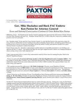 Gov. Mike Huckabee and Huck PAC Endorse Ken Paxton for Attorney General Texas and National Conservatives Continue to Unite Behind Ken Paxton
