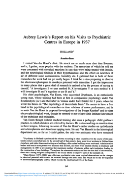 Aubrey Lewis's Report on His Visits to Psychiatric Centres in Europe in 1937