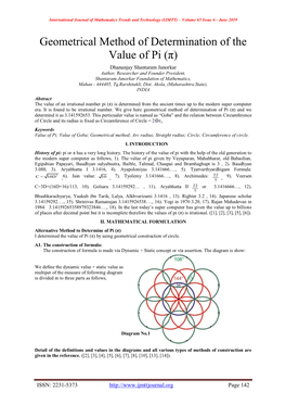 Geometrical Method of Determination of the Value of Pi