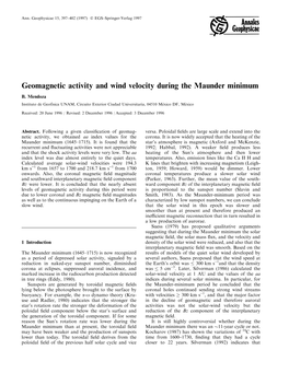 Geomagnetic Activity and Wind Velocity During the Maunder Minimum B