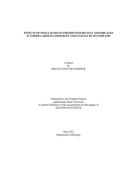 Effects of Small Dams on Freshwater Bivalve Assemblages in North Carolina Piedmont and Coastal Plain Streams