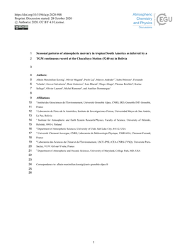 Seasonal Patterns of Atmospheric Mercury in Tropical South America As Inferred by a 2 TGM Continuous Record at the Chacaltaya Station (5240 M) in Bolivia