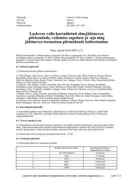 Laekvere Valla Korraldatud Olmejäätmeveo Piirkondade, Vedamise Sageduse Ja -Aja Ning Jäätmeveo Teenustasu Piirmäärade Kehtestamine