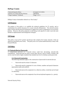 Network Security Policy Created: 01/12/2016 Section Of: County Security Policies Modified: Target Audience: Technical Page 1 of 13