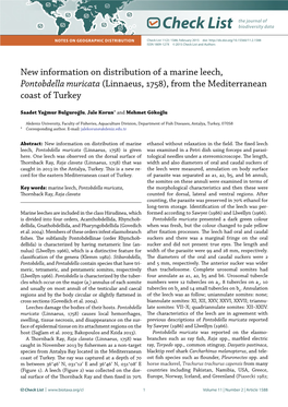 New Information on Distribution of a Marine Leech, Pontobdella Muricata (Linnaeus, 1758), from the Mediterranean Coast of Turkey