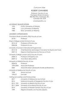 ROBERT CHAMBERS Professor, Faculty of Law Thompson Rivers University 805 TRU Way, Kamloops, BC Canada V2C 0C8 Rchambers@Tru.Ca