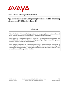 Bell Canada SIP Trunking with Avaya IP Office 8.1 - Issue 1.0