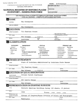 National Register of Historic Places Inventory -- Nomination Form [Name Location