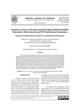 Studies on Some of the Improvised Energetic Materials (Iems): Detonation, Blast Impulse and TNT Equivalence Parameters