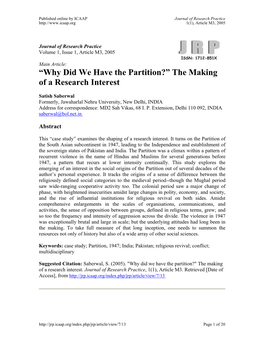 “Why Did We Have the Partition?” the Making of a Research Interest