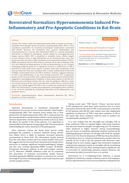 Resveratrol Normalizes Hyperammonemia Induced Pro- Inflammatory and Pro-Apoptotic Conditions in Rat Brain